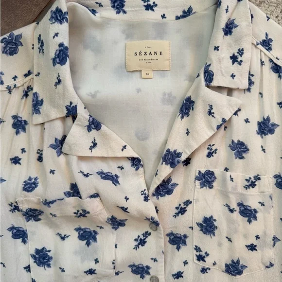Sézane Floral Button Front Dress Size 36 Blue White Parisian Cottagecore - Picture 2 of 4